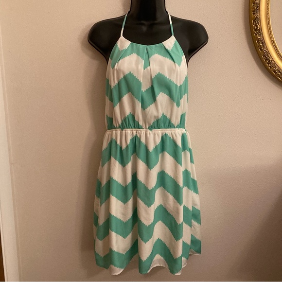 Hello Miss Teal White Chevron Summer Resortwear Coastal Nautical Y2K Beach Dress - Picture 11 of 12